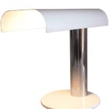 Luigi Pellegrin desk lamp flat round base chrome tube white lampshade model D804 1970s Candle Italy