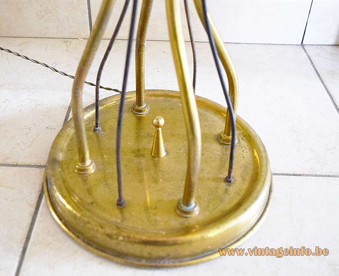 Lunel 1950s floor lamp with brass and iron rods red acrylic arrows 5 glass lampshades B22 sockets