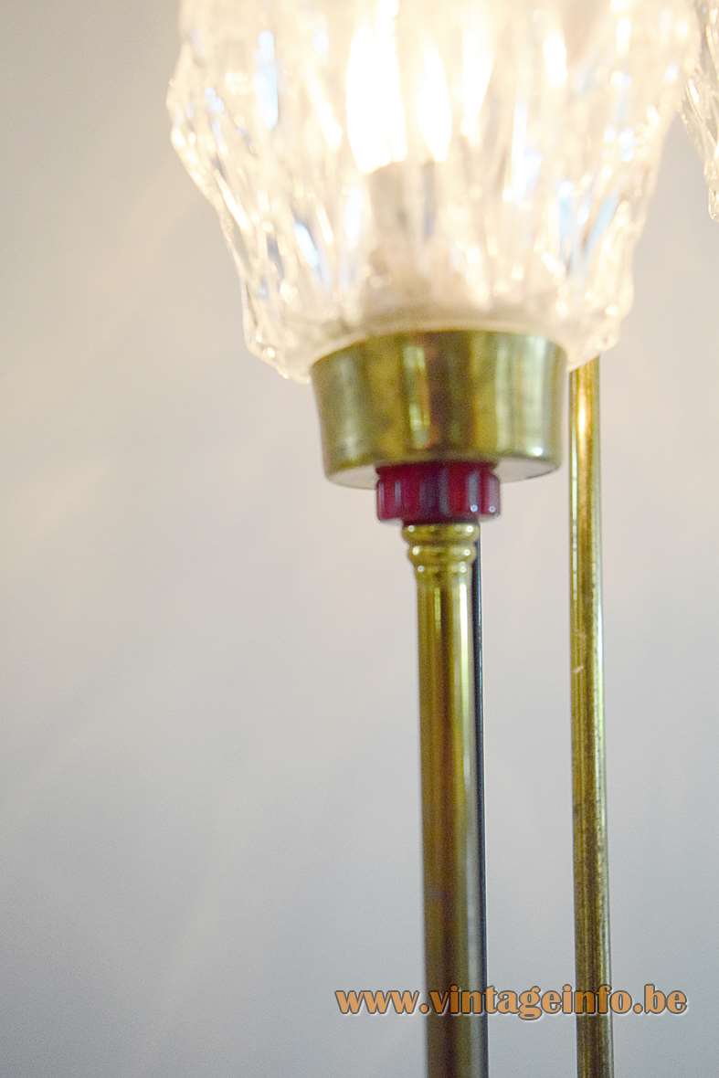 Lunel 1950s floor lamp with brass and iron rods red acrylic arrows 5 glass lampshades B22 sockets