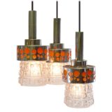 Massive Belgium triple pendant lamp chrome & orange circles pressed glass lampshades 1960s 1970s Raak The Netherlands