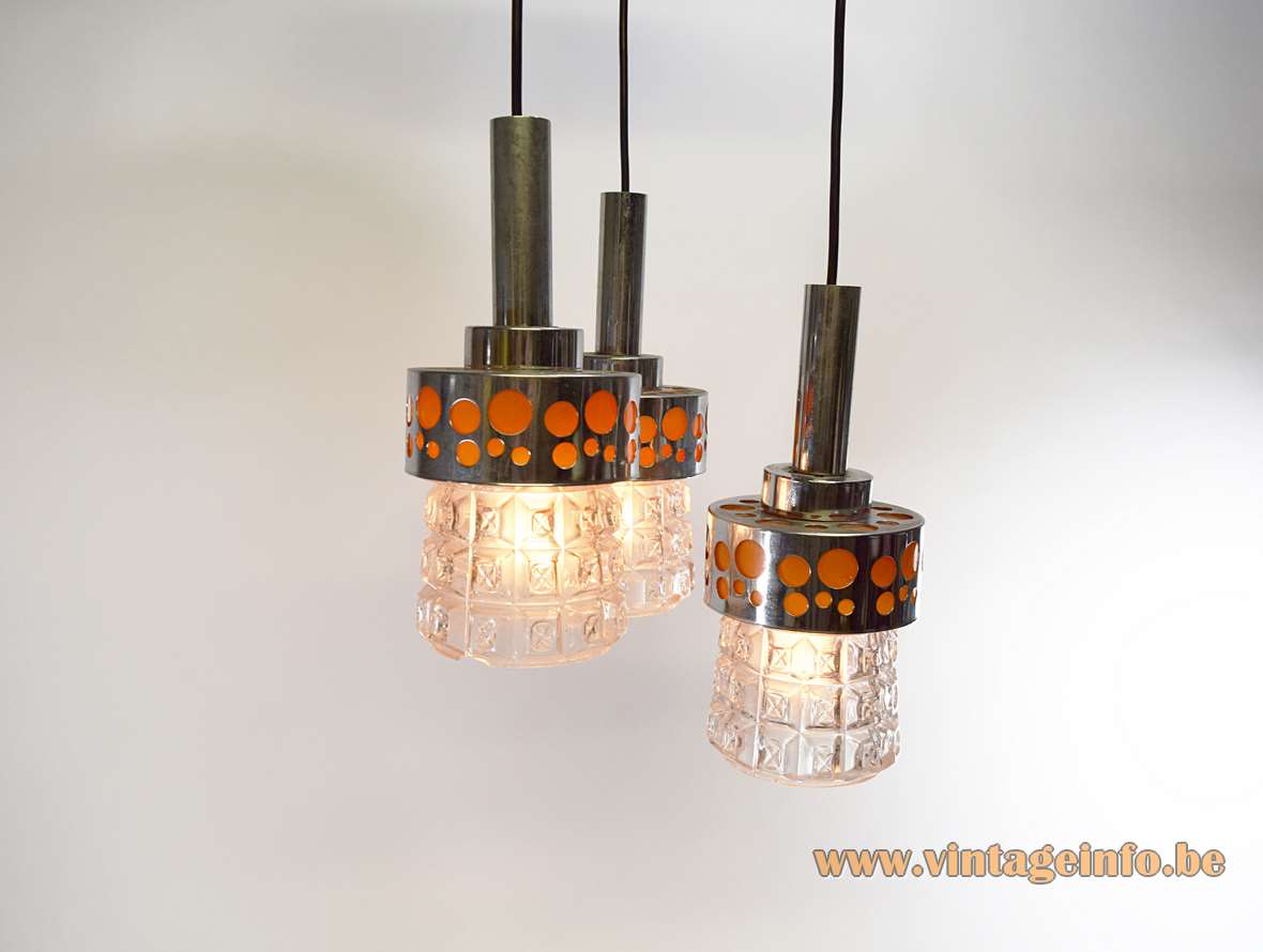 Massive Belgium triple pendant lamp chrome & orange circles pressed glass lampshades 1960s 1970s Raak The Netherlands