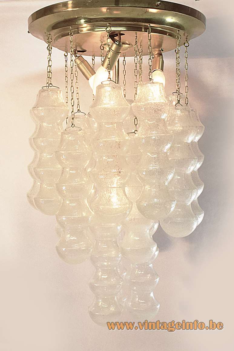 Murano bubble glass flush mount ceiling lamp brass chains 18 hand blown parts 1960s 1970s Italy