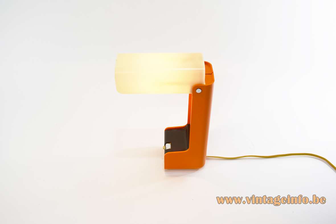 Nanbu Ell table lamp orange plastic base & white acrylic foldable lampshade Vademecum Joe Colombo design 1970s