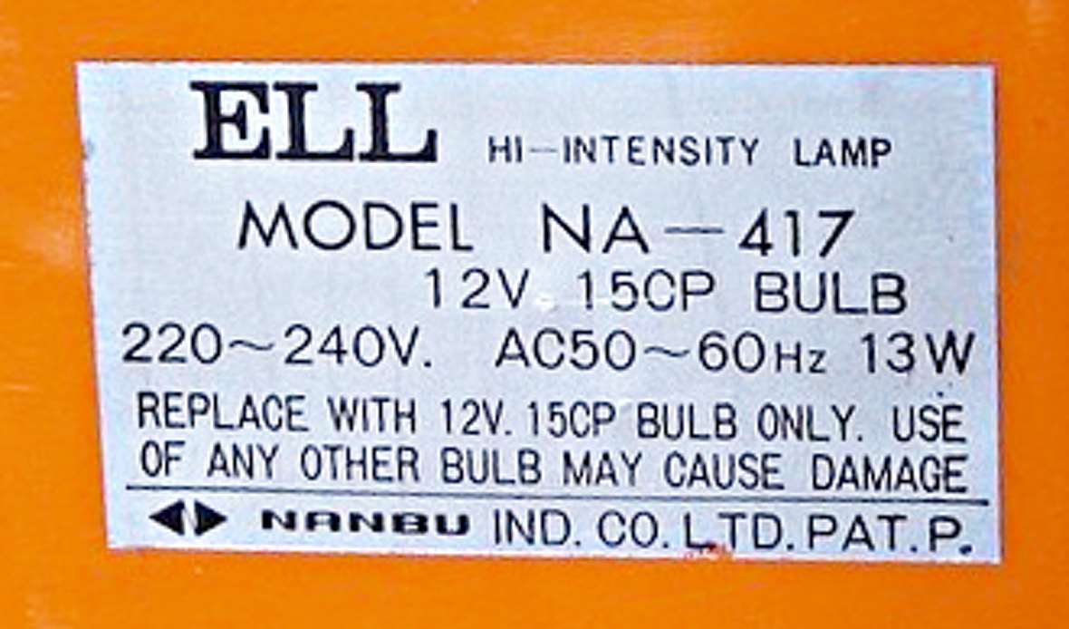 Nanbu Ell table lamp orange plastic bottom label model NA-417 12 volt 15CP bulb 1970s