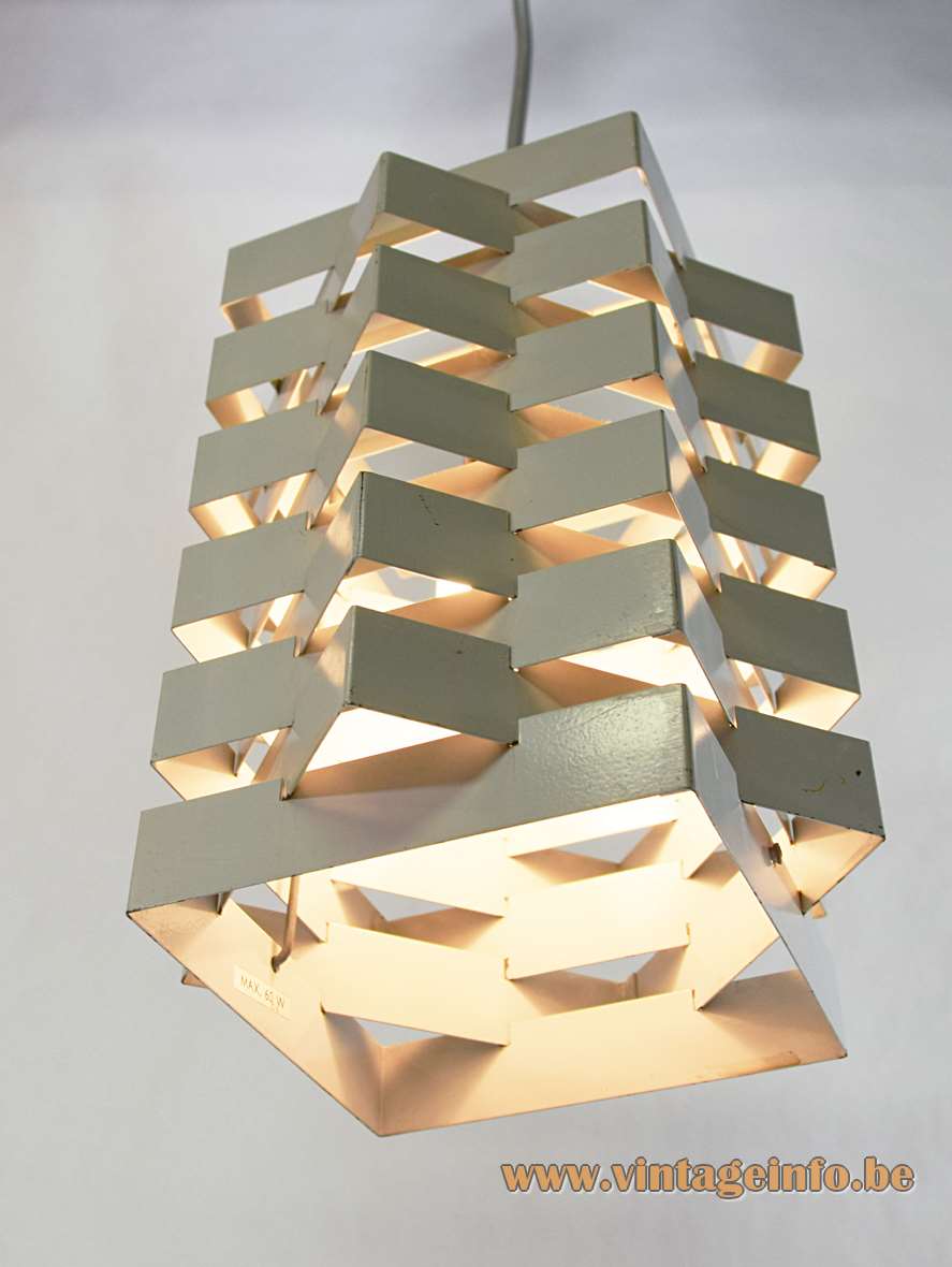 Nordisk Solar pendant lamp white metal square folded slats stacked crosswise design: Esmann & Jensen 1960s Denmark 