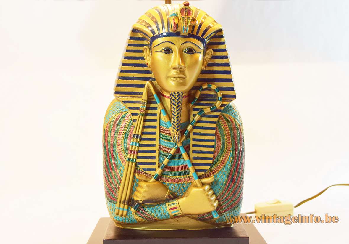 Phanera Pharaoh table lamp in black wood and gold blue resin with a black pagoda lampshade