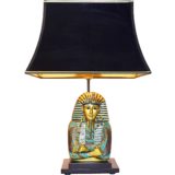 Phanera Pharaoh table lamp in black wood and gold blue resin with a black pagoda lampshade