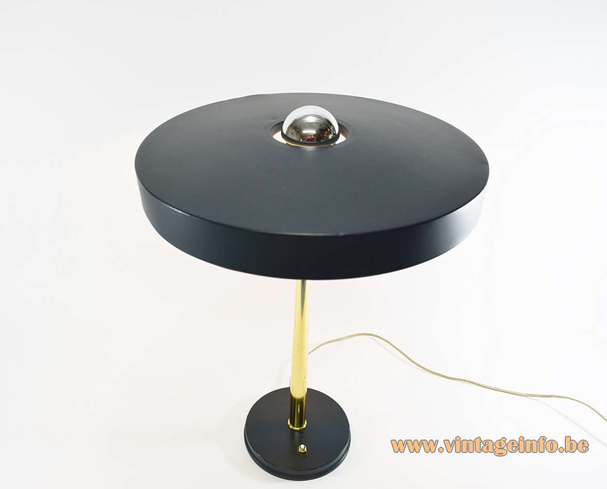 Philips Major desk lamp round base long brass rod mushroom lampshade 1960s 1970s Louis Kalff design