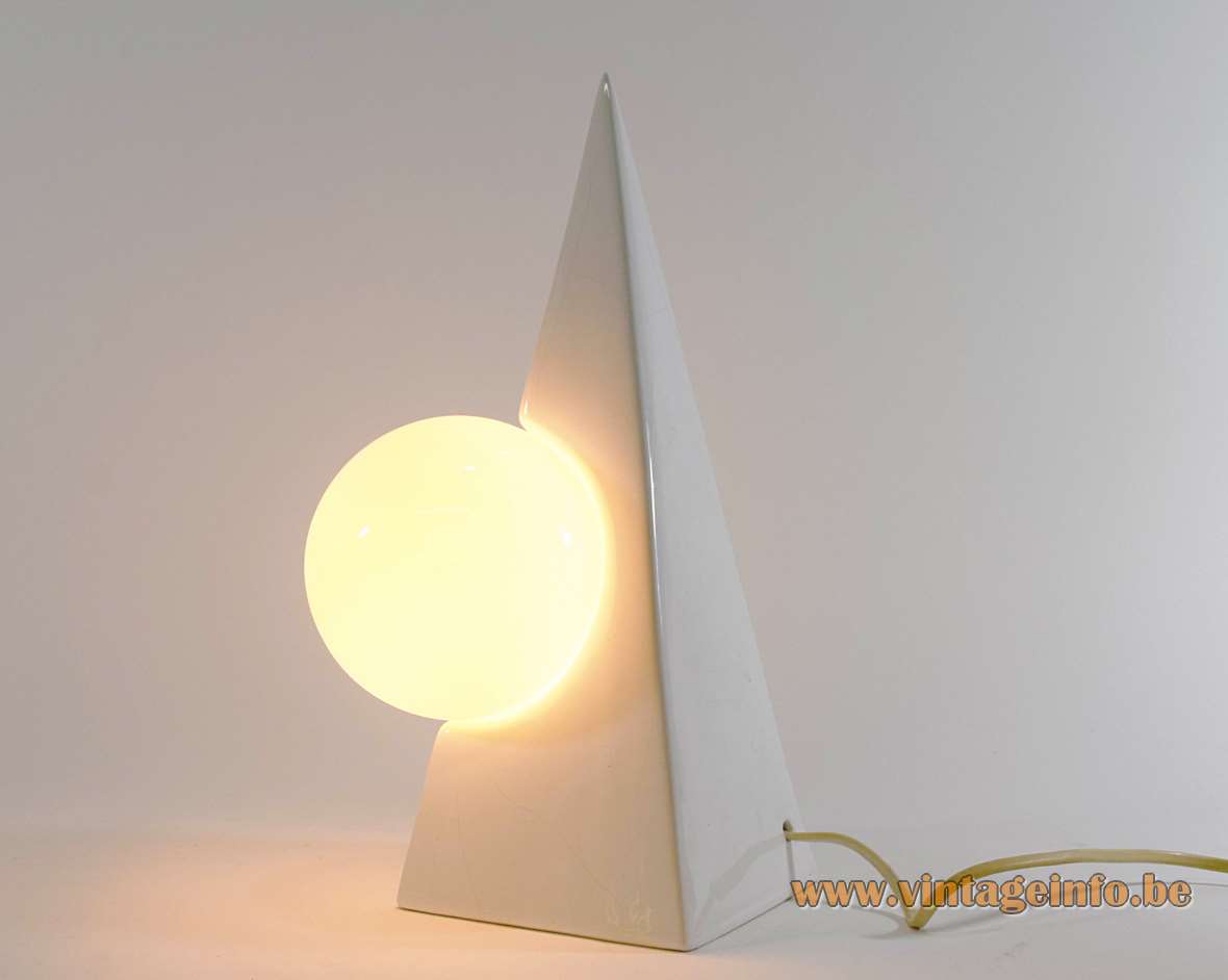 1980s pyramid globe table lamp white ceramics porcelain square base opal glass globe Massive Belgium