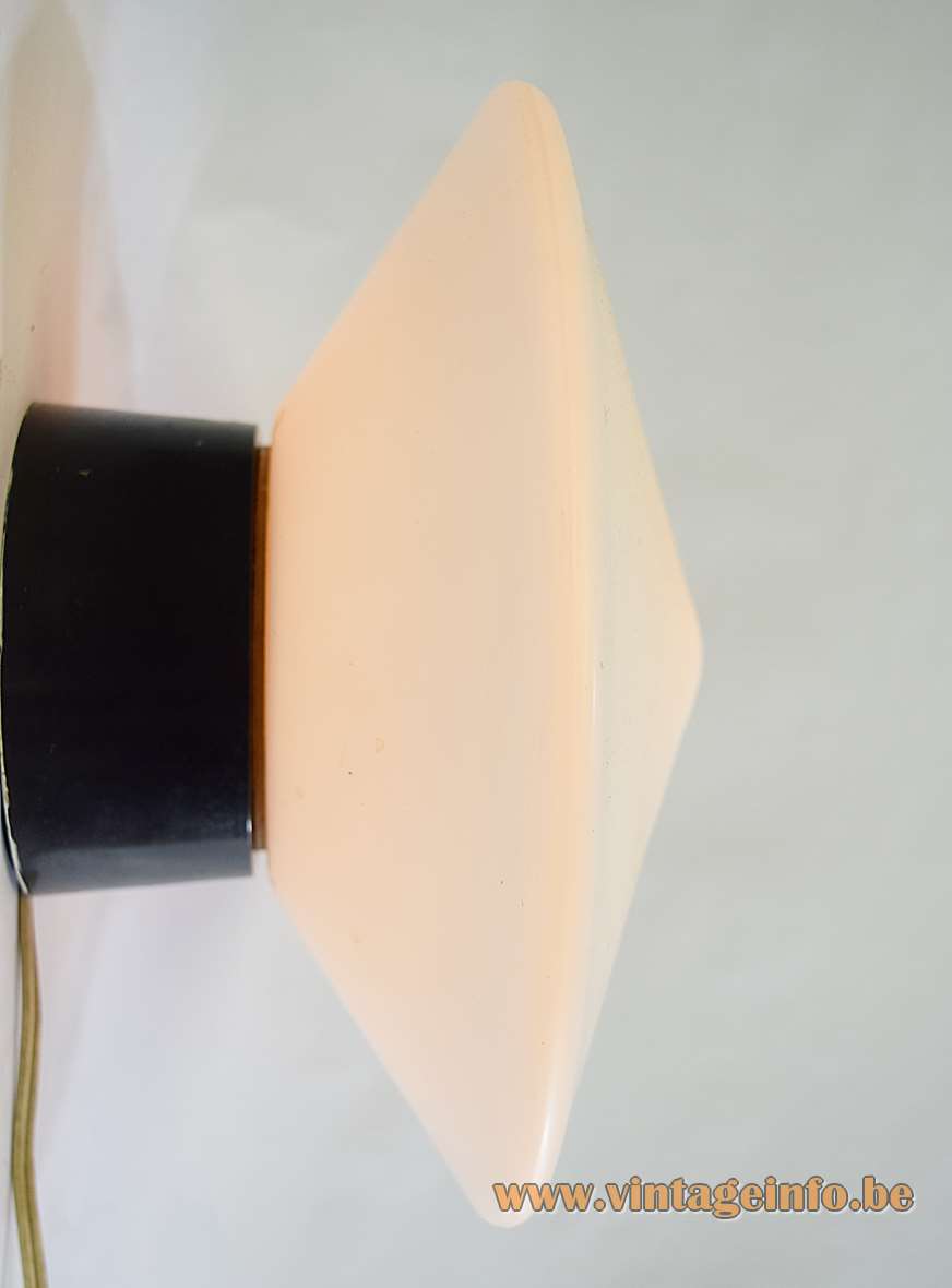 Raak Discus flush mount wall lamp white opal frosted glass disc lampshade black Bakelite 1950s 1960s