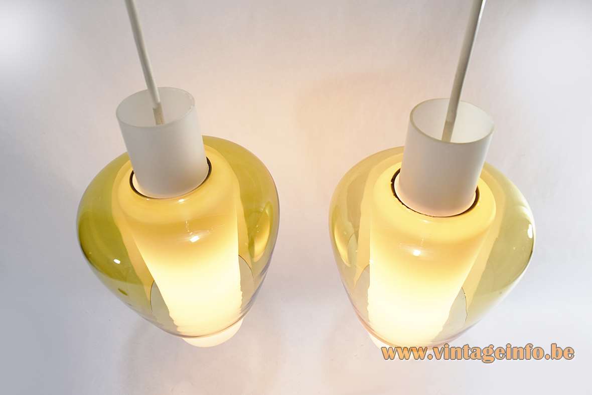 Raak Suomi pendant lamps design: Tapio Wirkkala white opal & yellow translucent iittala glass lampshades 1950s 1960s