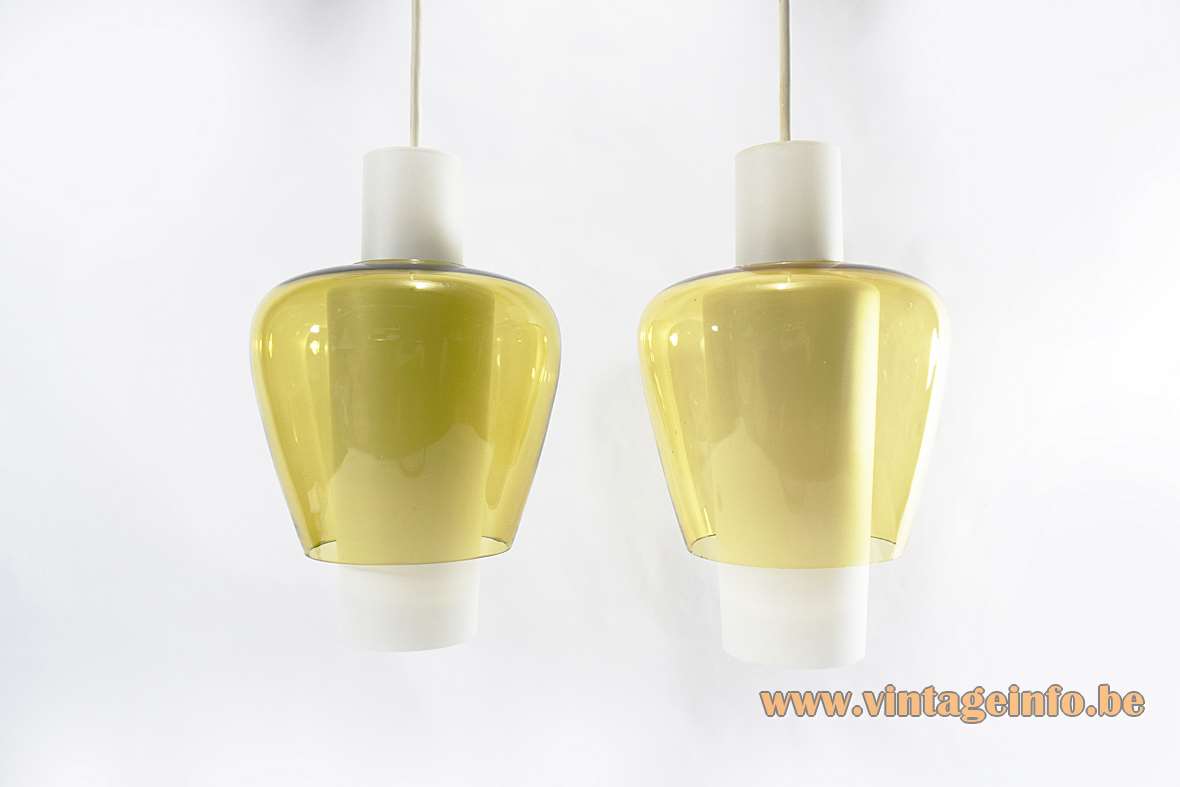 Raak Suomi pendant lamps design: Tapio Wirkkala white opal & yellow translucent iittala glass lampshades 1950s 1960s