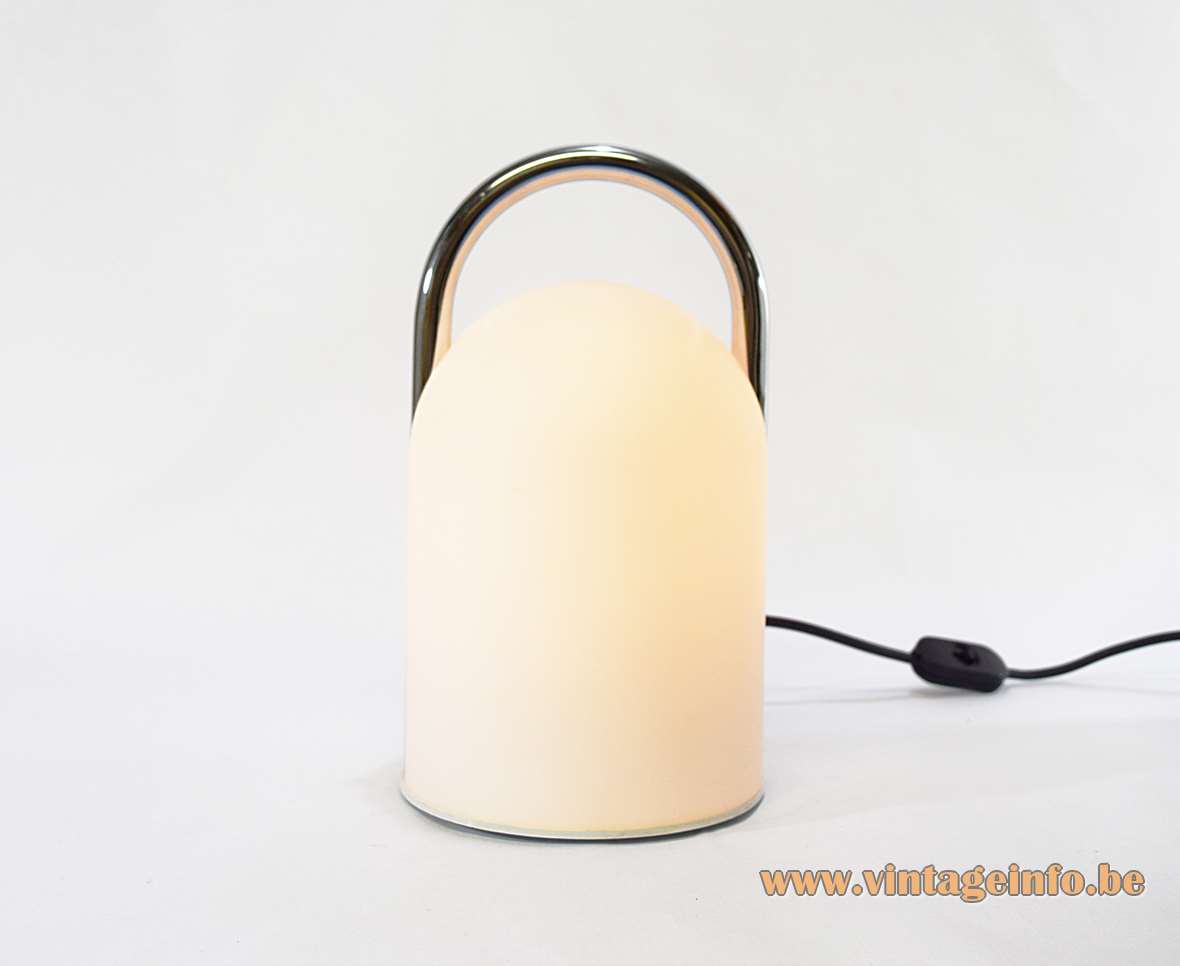 Romolo Lanciani Tender table lamp frosted opal glass lampshade chrome handle Tronconi 1970s design Italy