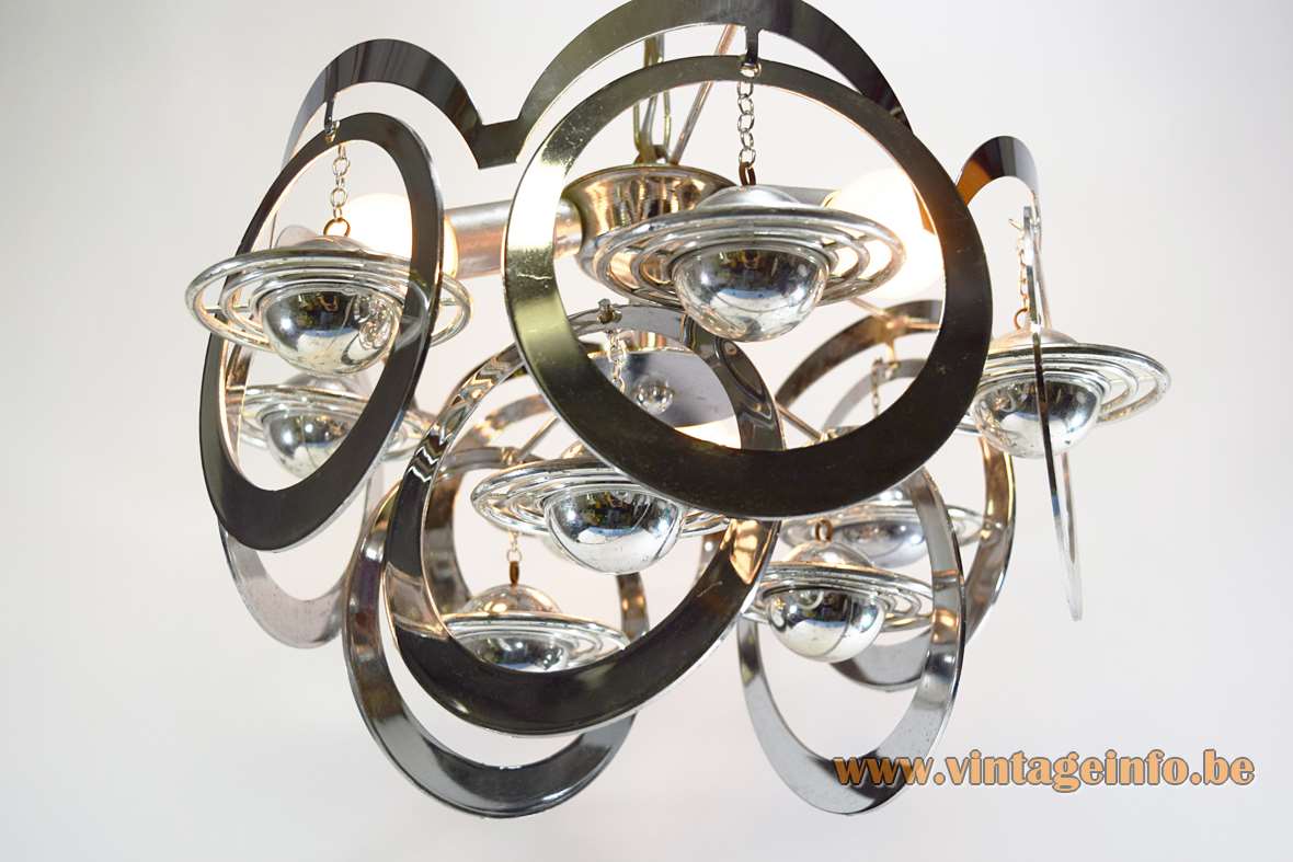 1960s chrome Saturn chandelier metal rings orbiting plastic planets space age iron chain 3 E14 sockets