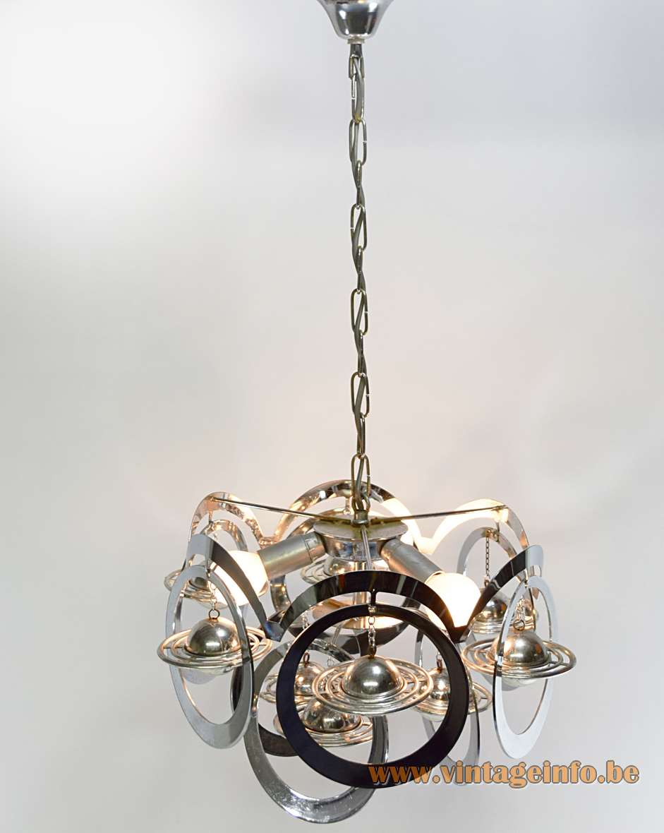 1960s chrome Saturn chandelier metal rings orbiting plastic planets space age iron chain 3 E14 sockets