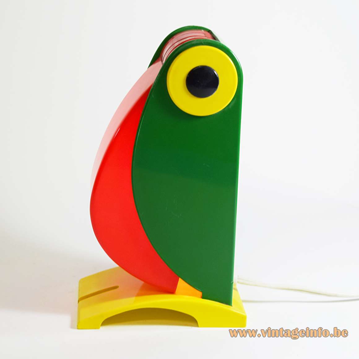 Old Timer Ferrari toucan table lamp green yellow & red plastic bird foldable lampshade 1960s 1970s Italy 