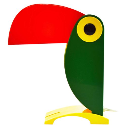 Old Timer Ferrari toucan table lamp green yellow & red plastic bird foldable lampshade 1960s 1970s Italy