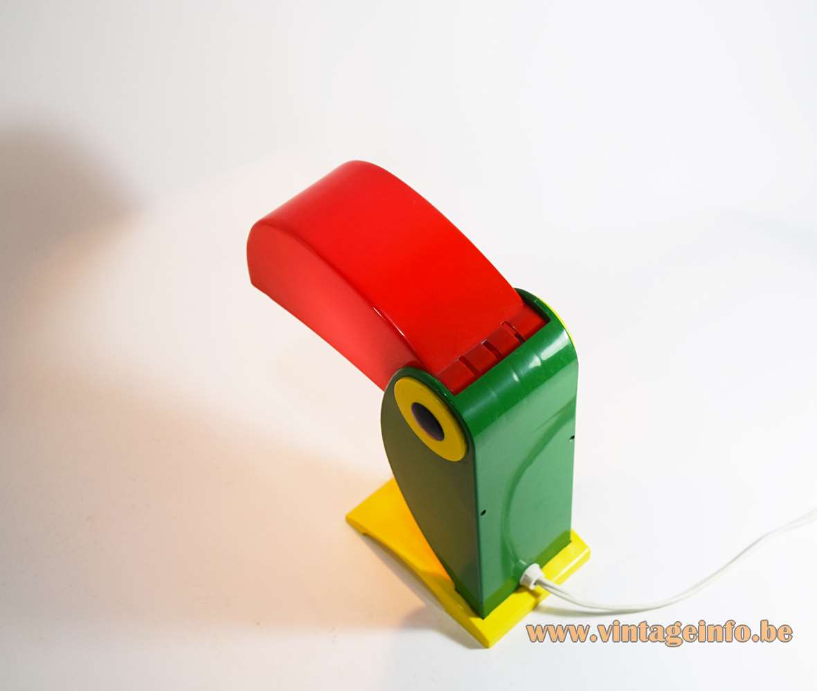 Old Timer Ferrari toucan table lamp green yellow & red plastic bird foldable lampshade 1960s 1970s Italy 