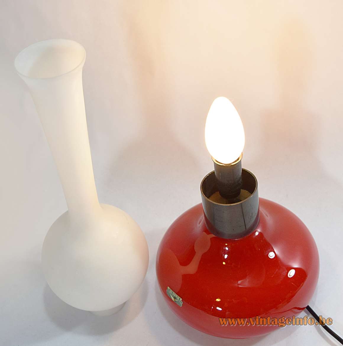1950s Vistosi oil table lamp red hand blown Murano glass base white opal tube 1960s Italy