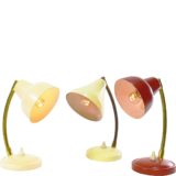 1950s Aluminor bedside lamps round metal table base brass goose-neck small aluminium lampshade France 1960s E14 socket