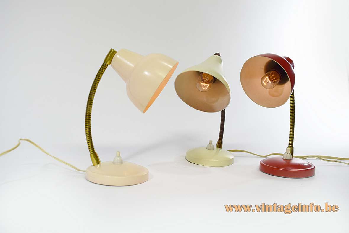 1950s Aluminor bedside lamps round metal table base brass goose-neck small aluminium lampshade France 1960s E14 socket