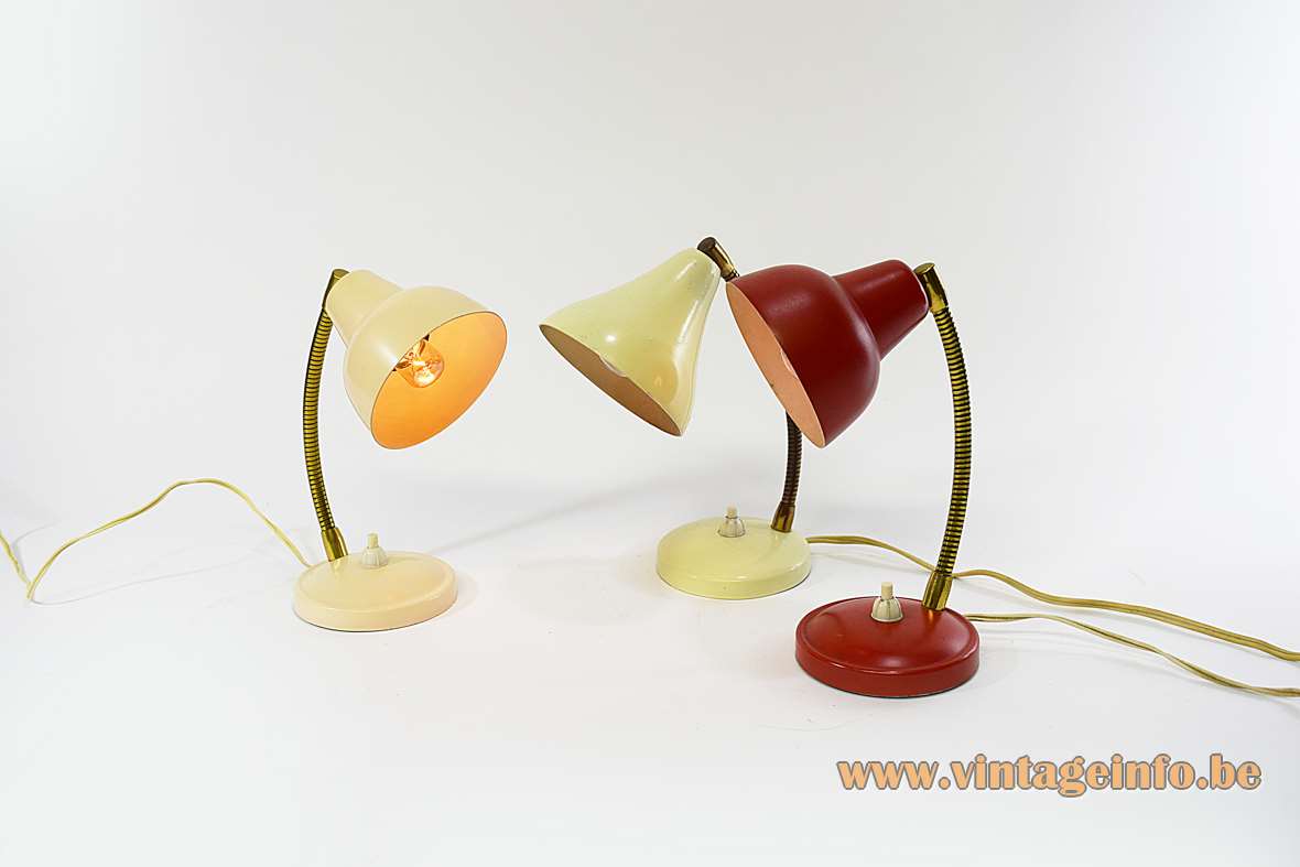 1950s Aluminor bedside lamps round metal table base brass goose-neck small aluminium lampshade France 1960s E14 socket