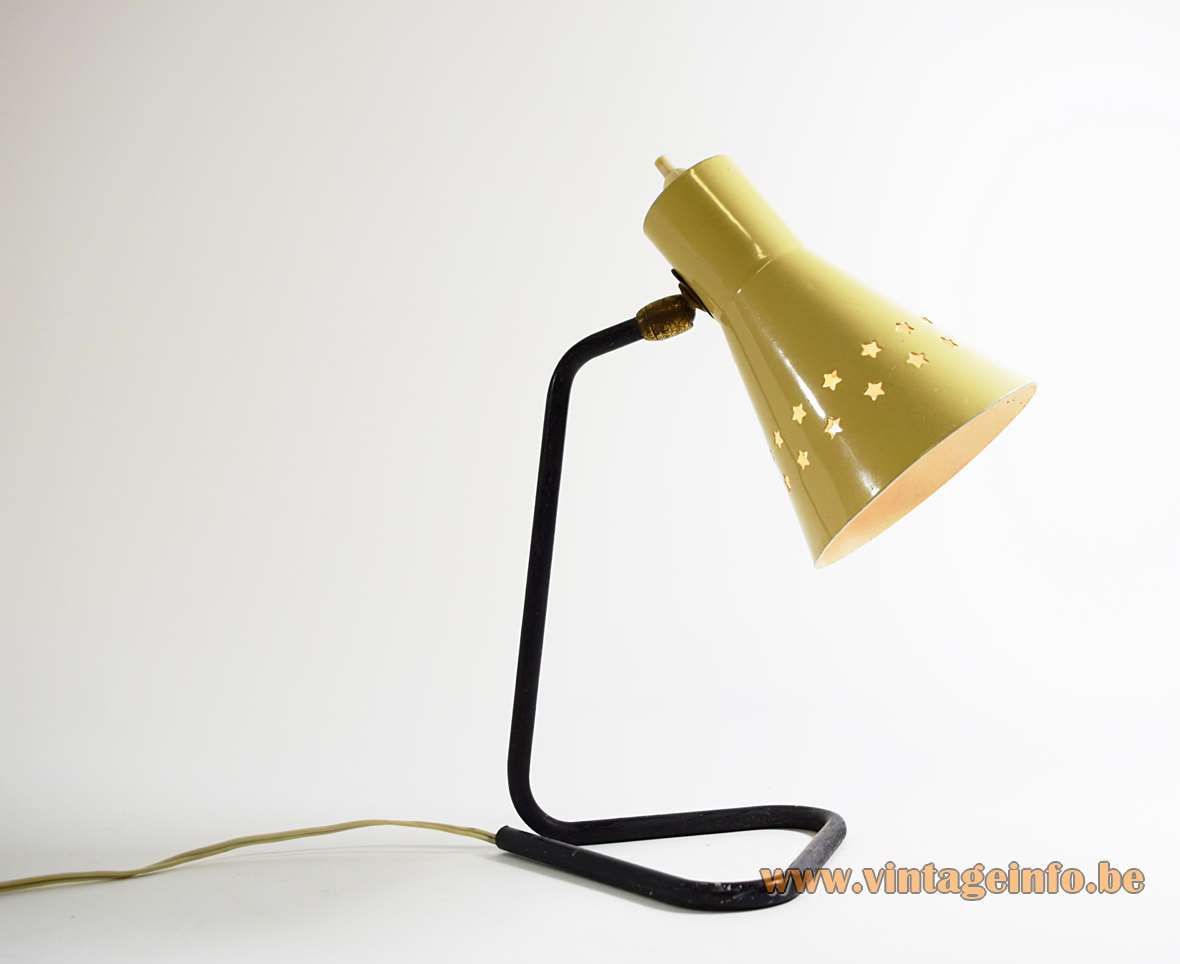 1950s desk or wall lamp black folded rod base yellow conical lampshade perforated stars 1960s Italy