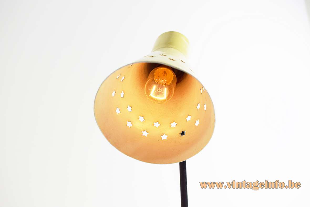 1950s desk or wall lamp black folded rod base yellow conical lampshade perforated stars 1960s Italy