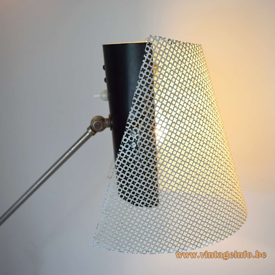 1950s metal floor lamp with perforated lampshade white black iron rods Artiforte Artimeta The Netherlands 1960s