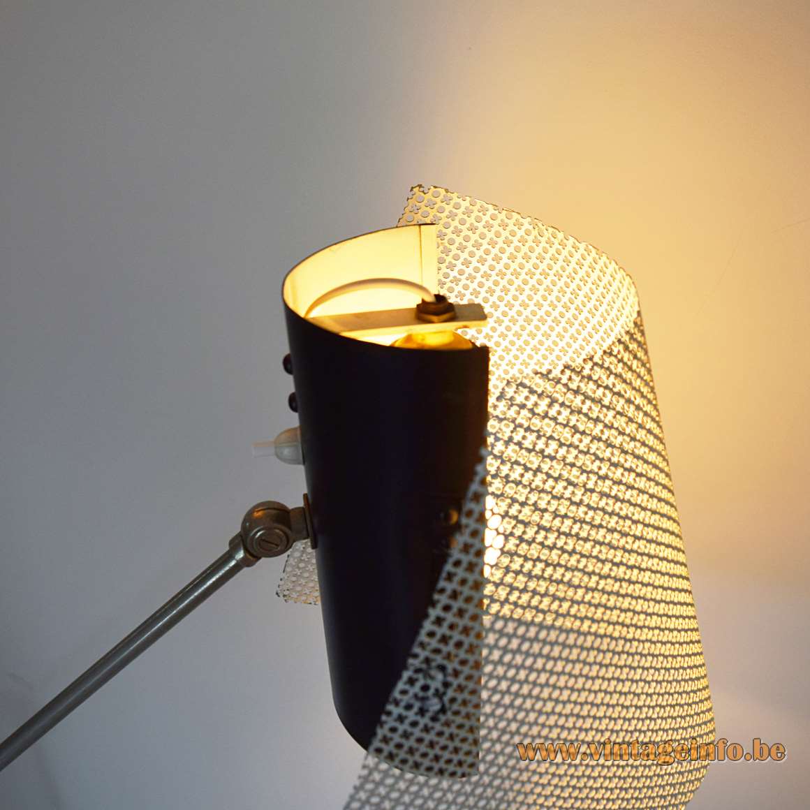 1950s metal floor lamp with perforated lampshade white black iron rods Artiforte Artimeta The Netherlands 1960s