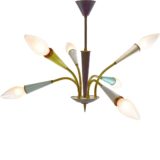 1950s sputnik chandelier 6 folded rods conical plastic light bulb holders brass arrow 1960s Massive Belgium