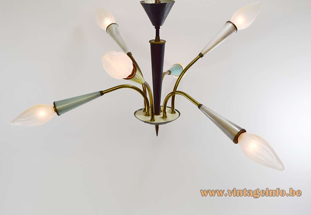 1950s sputnik chandelier 6 folded rods conical plastic light bulb holders brass arrow 1960s Massive Belgium