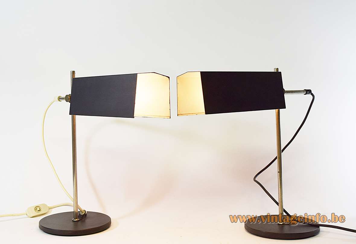 1960s East German desk lamps round base chrome rods black wrinkle paint lampshade VEB Leuchtenbau GDR