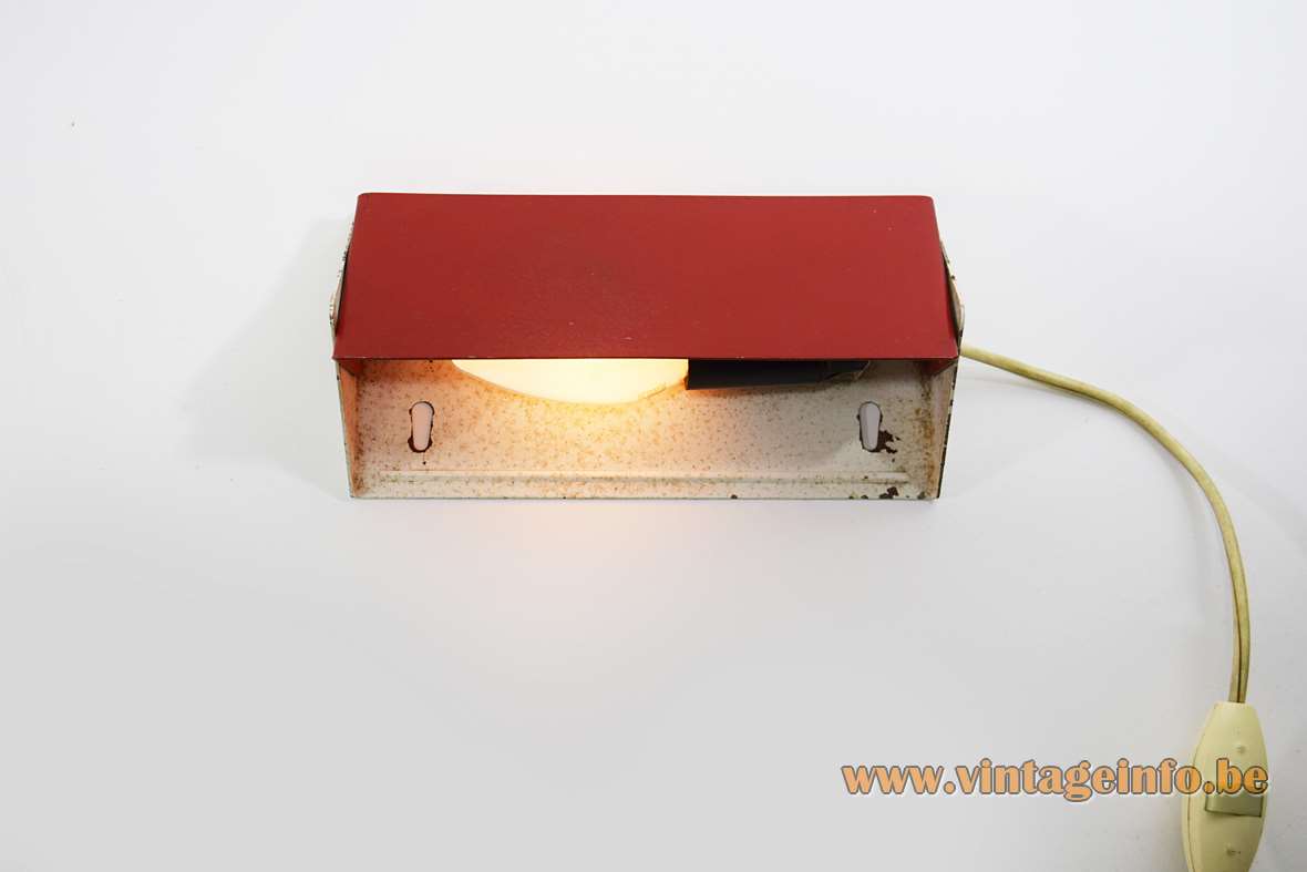 Flip-open rectangular wall lamp white metal wall mount adjustable red lampshade 1960s 1970s E14 socket 