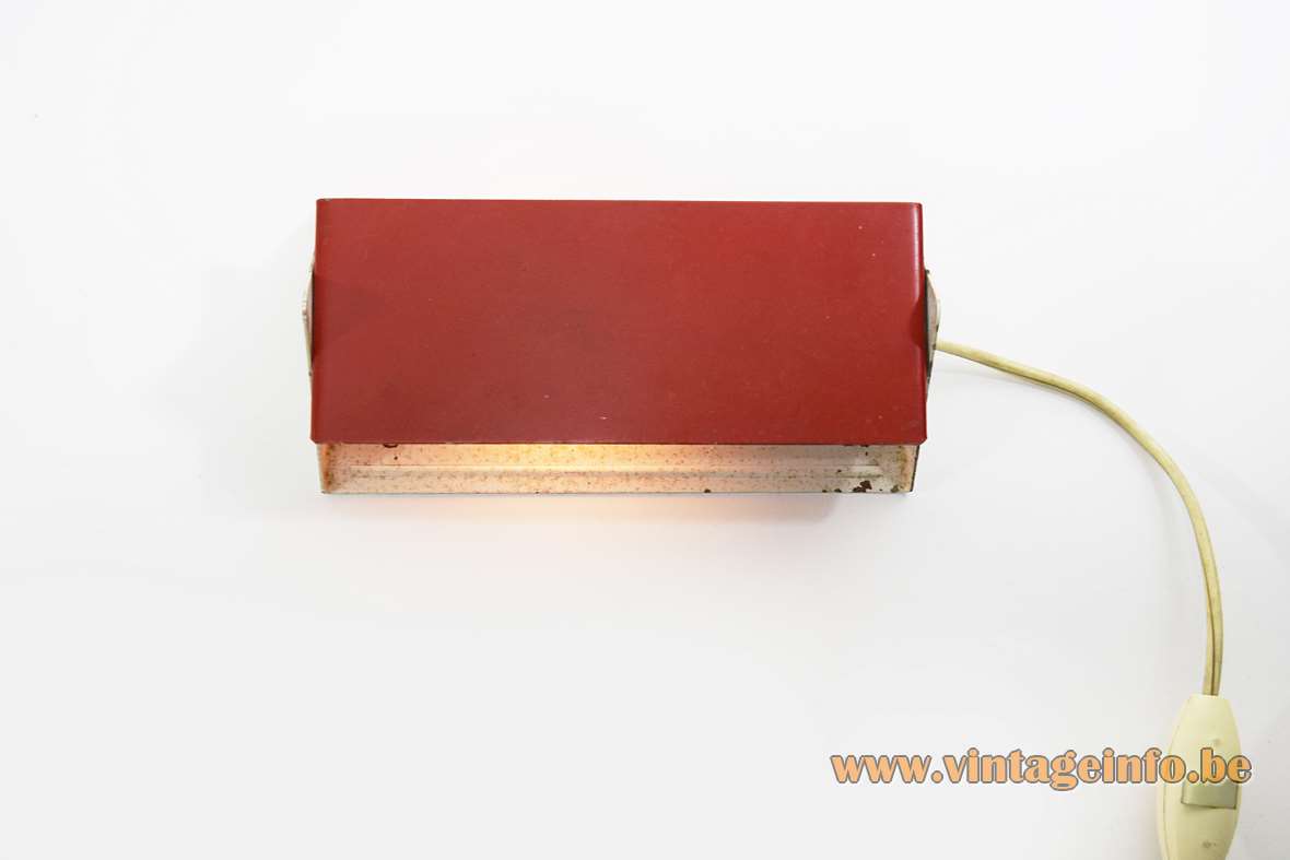 Flip-open rectangular wall lamp white metal wall mount adjustable red lampshade 1960s 1970s E14 socket 