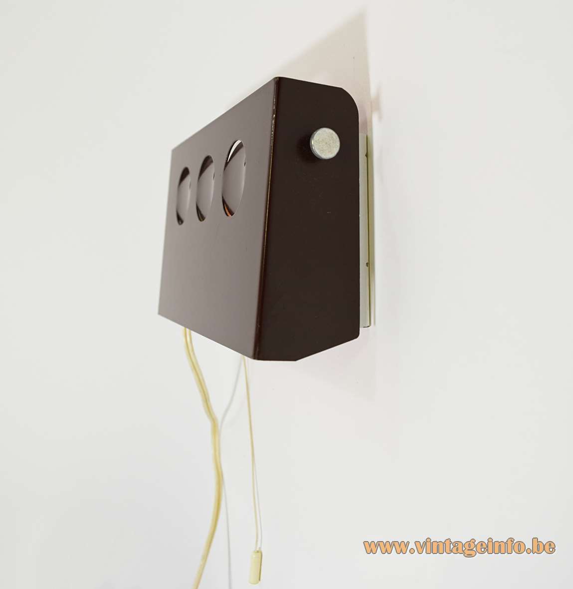 1960s rectangular wall lamp white base brown perforated metal lampshade Raak The Netherlands E14 lamp socket