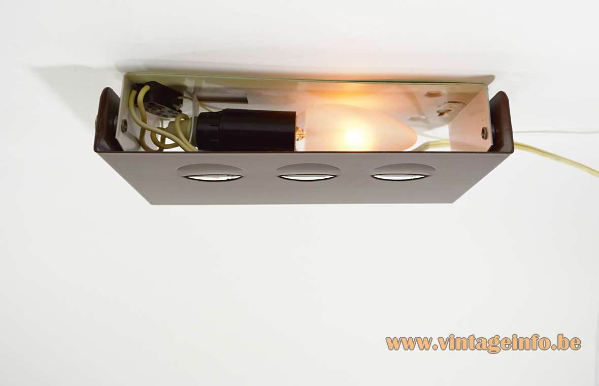 1960s rectangular wall lamp in white and brown perforated metal E14 socket Raak Amsterdam The Netherlands