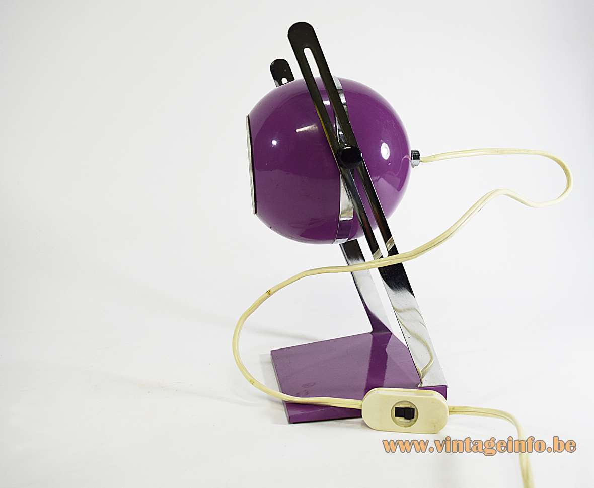 1970s purple globe table lamp rectangular slanting base chrome adjustable flat rods eyeball lampshade Elma Slovenia