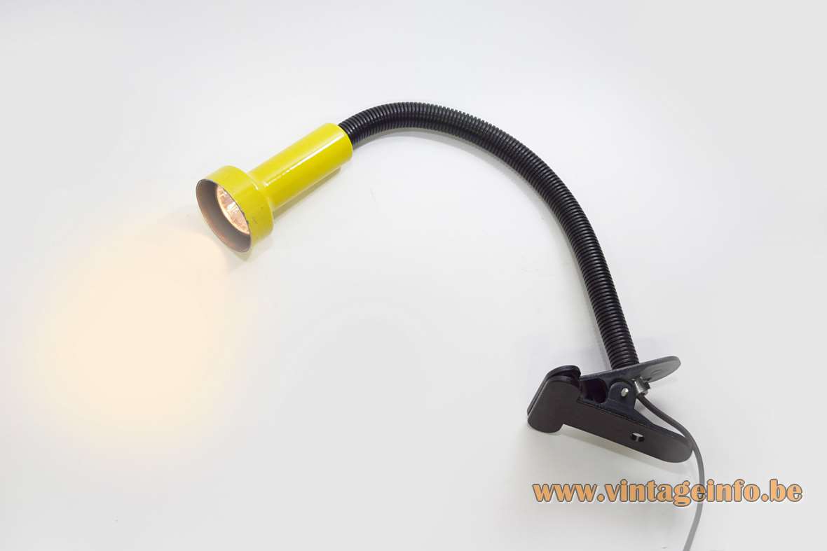 1970s clamp gooseneck spotlight lamp yellow metal lampshade black plastic tube Vrieland Design Massive Herda 1960s