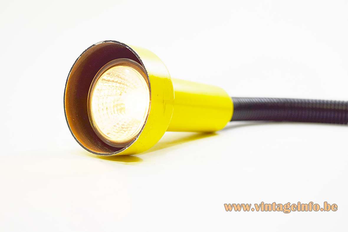 1970s clamp gooseneck spotlight lamp yellow metal lampshade black plastic tube Vrieland Design Massive Herda 1960s