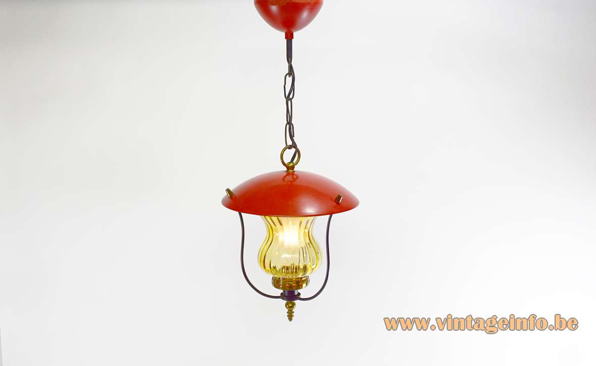 1970s lantern pendant lamp with a red lampshade amber glass and brass E27 socket 1960s