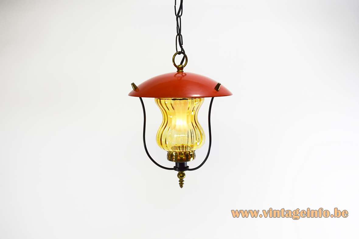 1970s lantern pendant lamp with a red lampshade amber glass and brass E27 socket 1960s