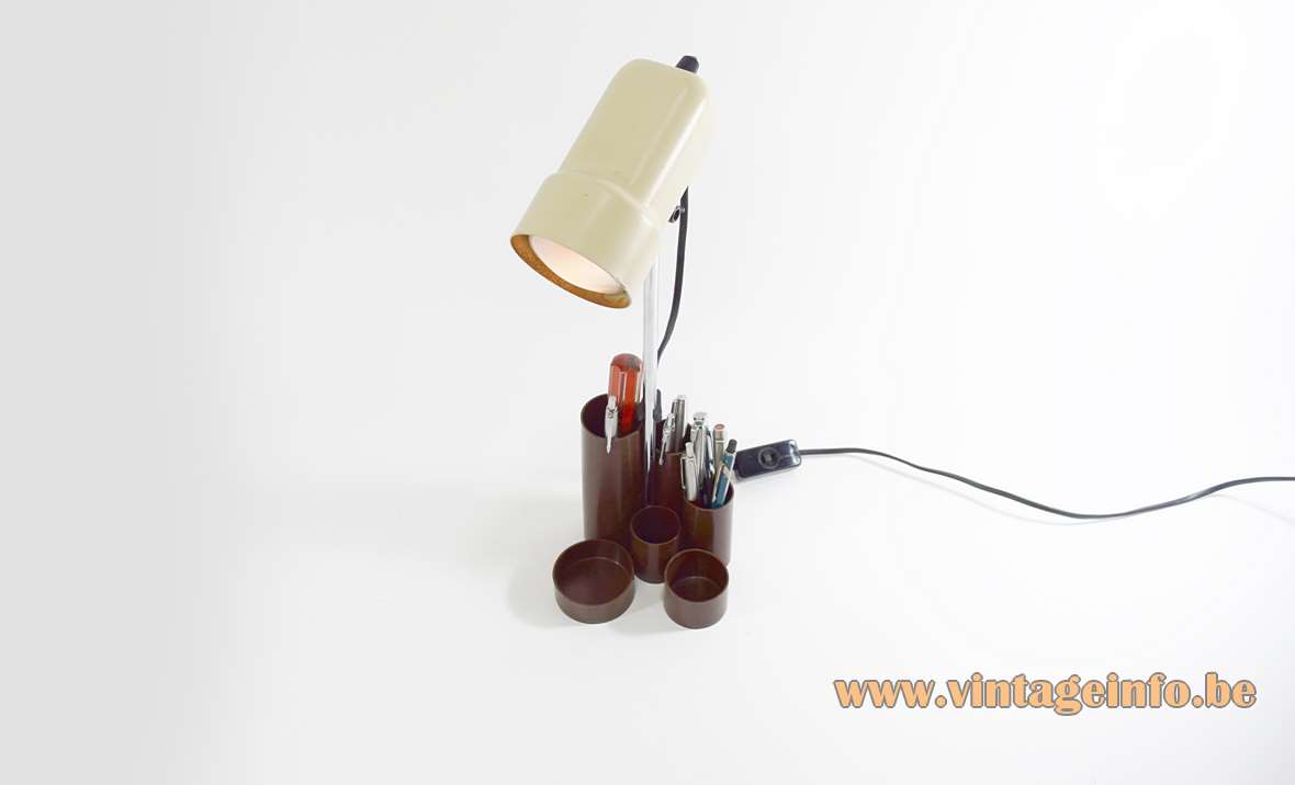 1970s pen tray desk lamp brown plastic base chrome rod cream lampshade Fischer Leuchten Germany 1980s