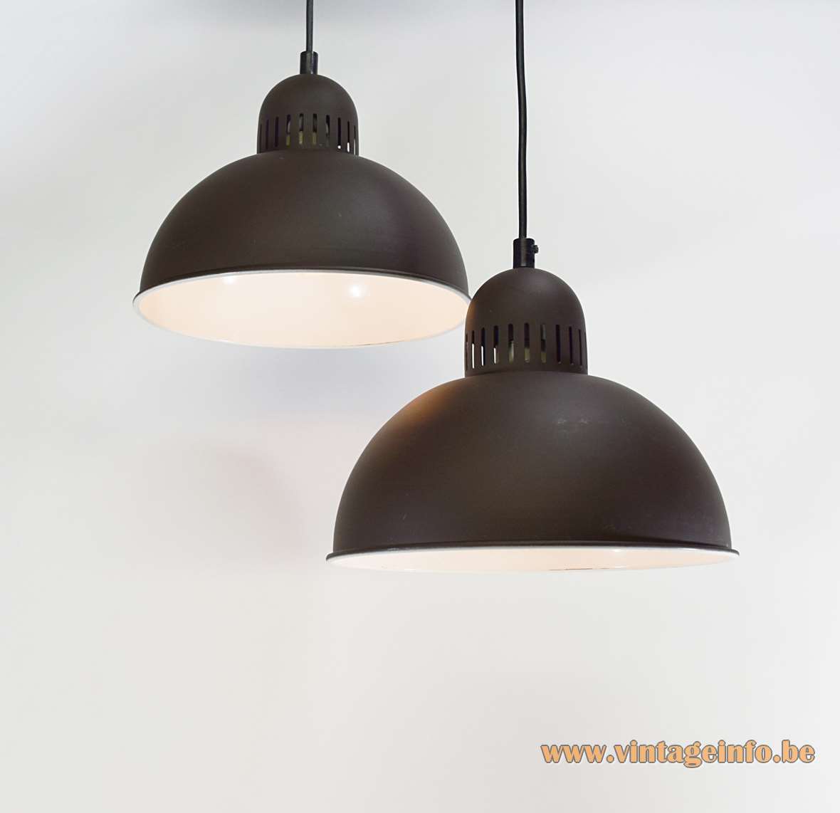 1970s enameled metal pendant lamp with a half round lampshade matt brown outside white inside 