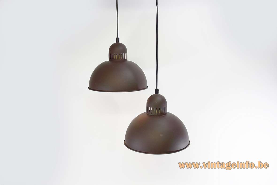 1970s enameled metal pendant lamp with a half round lampshade matt brown outside white inside 