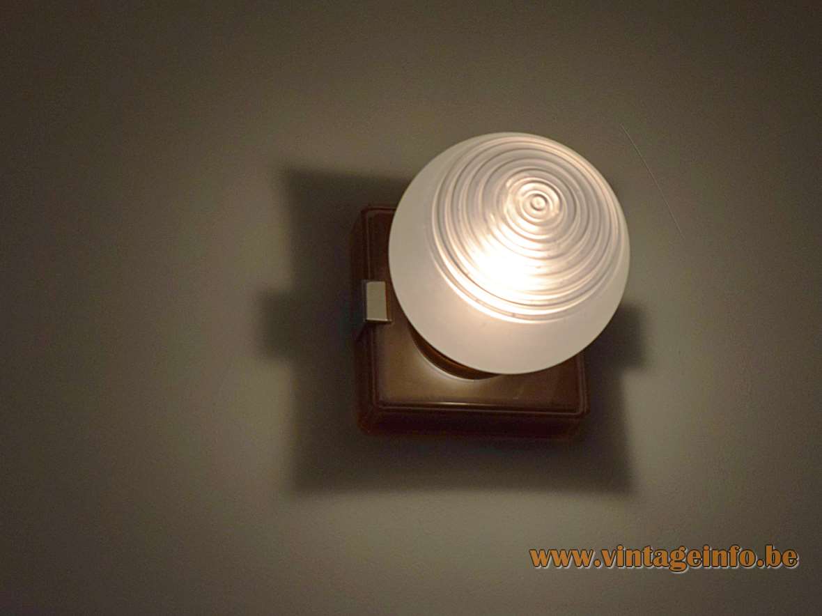 1970s art deco style wall lamp with square base in smoked acrylic chrome frosted glass globe