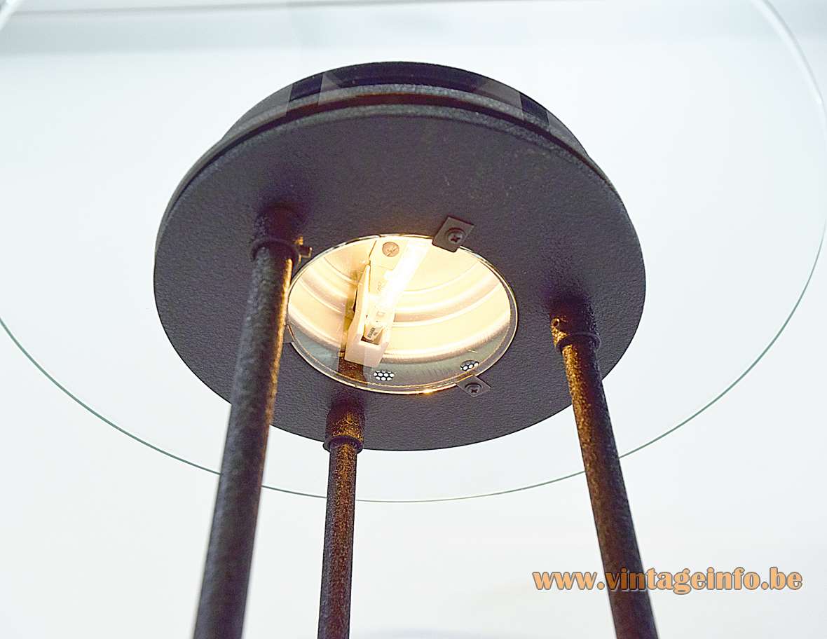 1980s Saturn bankers desk lamp round base 3 rods black wrinkle paint glass disc Robert Sonneman Kovacs