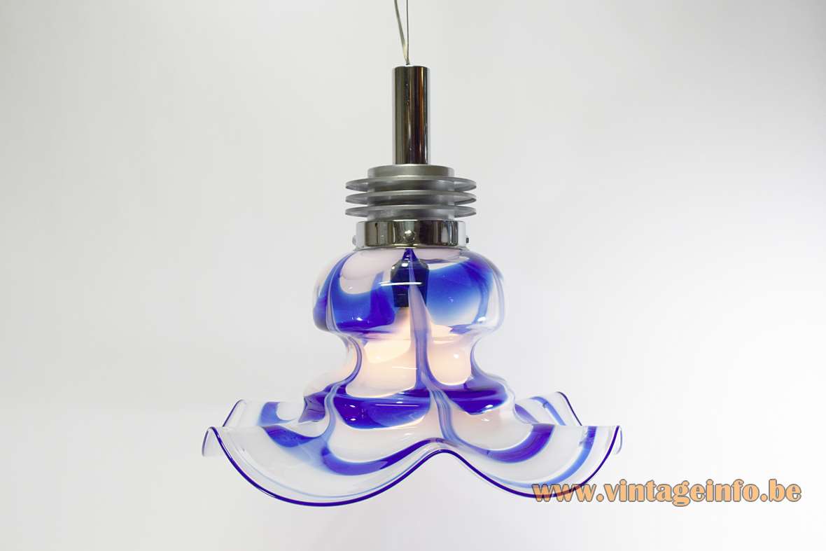 AV Mazzega blue & white glass chandelier design: Carlo Nason flower shaped Murano glass lampshade 1970s 1980s