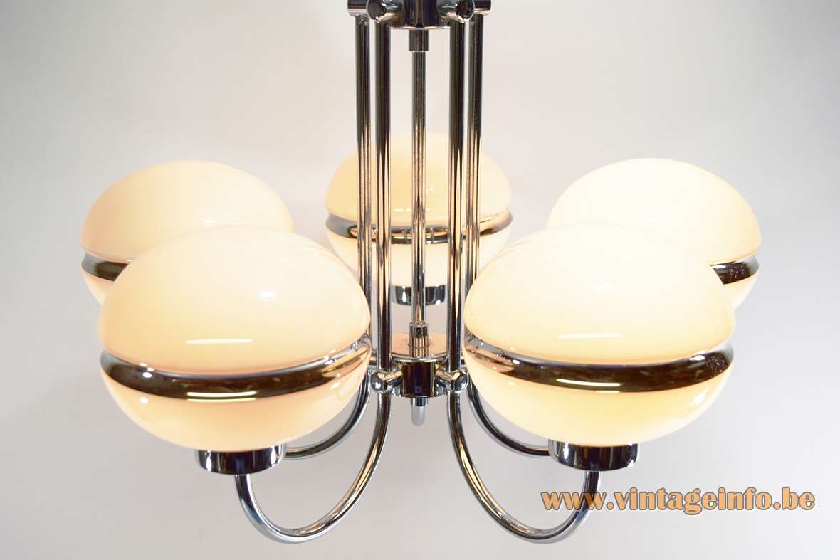 Chrome opal glass globes chandelier chrome ring lampshade curved metal rods Massive Belgium 1960s 1970s