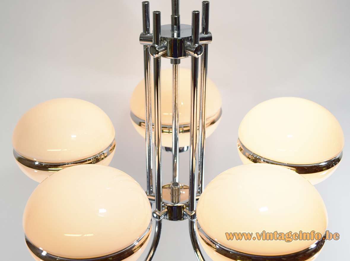 Chrome opal glass globes chandelier chrome ring lampshade curved metal rods Massive Belgium 1960s 1970s